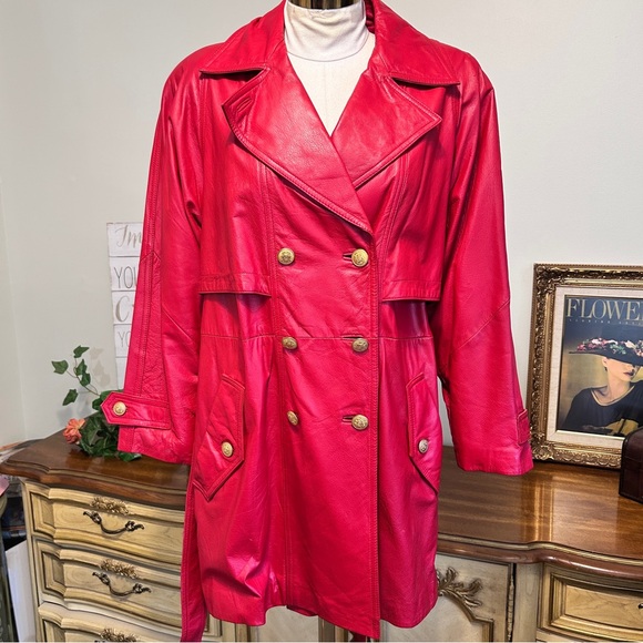Vintage LNR Red Leather Double Breasted Trench Coat - Picture 5 of 15